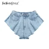 Casual Denim Shorts Skirts High Waist Ruffle Hem Loose Ruched Short Pants Female Fashion Clothing Spring 210521
