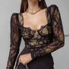 Women Lace Tee Shirt Sexy Ladies Floral Embroidery Deep V Neck Slim Mesh Gothic Tops Patchwork Black Casual Club Party Wear 210517