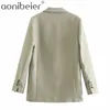 Office Lady Long Jacket Spring Summer Double Breasted Shoulder Pads Blazer Sleeve Outwear Casual Coats 210604