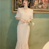 Summer Evening Party Dress Elegant Embroidery Short Sleeve V-neck Midi Trumpet Mermaid Beige Long Women 210603