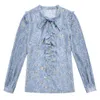 Ruche Lace-up Chiffon Shirt Dames Blouse Lange Mouw Herfst Koreaanse V-hals Floral Print Blusas 952A 210420