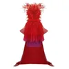 Christmas Fashion Chic Red Feather Design Cascading Ruffled Belt Floor Length Sexy Celebrity Party Dress 210525