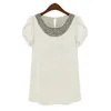 Solta camisa feminina adornada com grânulos brilhantes Chain camisas Lotus Folha Manga Chiffon Blusa 2 Cores Blusas