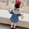 Koreanischen Stil Mädchen Kleid Herbst Peter Pan Kragen Denim Blau mit Beige Spitze Schal Kinder Kleidung 1-6T Q074 210610