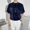 Lato Striped T Shirt Mężczyźni Krótki Rękaw Loose T-Shirt Ice Silk Oddychający O-Neck Tops Tees Street Wear Casual T-shirt 210527