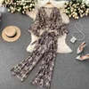 Neploe Vintage Print Bohemian Holiday 2 Pcs Women Set V Neck Flare Long Sleeve Shirt + High Waist Hip Wide Leg Pants Suit Summer 210423