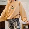 Women's Sweatshirt With Flower Print O-Neck Autumn Winter Female Casual Cute Yellow Clothes Woman Hoodies Loose Pullover 211104