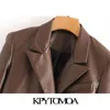 Women Fashion Double Breasted Faux Leather Blazers Coat Vintage Notched Long Sleeve Female Outerwear Chic Tops 210416