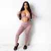 Dorywczo Sporty Kobiety Dresy Halter Głębokie V Neck Z Długim Rękawem Z Długim Rękawem Crop Top High Waist Spodnie fitness 2 szt. Dopasowywanie zestawów