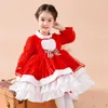 冬の子供スペイン風のドレスの女の子厚い赤いロテアのドレス赤ちゃん長袖ボールガウンフリースのライナーの年間のクリスマス服210615
