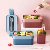Doppelte Bento-Box, tragbare Lunch-Aufbewahrungsbehälter im japanischen Stil, auslaufsicher, mit Löffel, Essstäbchen, Geschirr-Set