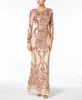 Zarif Şampanya Payetli Mermaid Abiye Kadınlar Için 2022 Glitter Sequins Yemek Abiye giyim Uzun Kollu Mürettebat Boyun Kat Uzunluk Balo Parti Elbise
