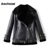 Acaroe Streetwear Sólido Casaco de Couro Faux Mulheres Manga Longa Espessura BANDAGE BANDAGE Revestimento Feminino Zipper Decore Chic Jacket Outwear 210413