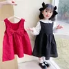 Style coréen Printemps Filles Gilet Robes Sans Manches Couleur Solide Big Bow Mignon Princesse Fille Vêtements E6028 210610