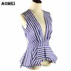 Sexy V Neck Summer Tops Sleeveless Blue White Stripe Blouses Shirts Ruffles Trim Woman Fashion Lady Blusas Plus Size 5XL XXL 210416