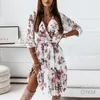 Casual Dresses Elegant Chiffon A Line Pleated Knee Dress Women Fashion Autumn V Neck Floral Print Belted Folds Party Vestidos