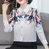 Primavera e outono elegante retrô impresso mulberry camisa de seda branco mulheres de mangas compridas femme 10720 210521