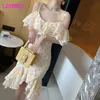 summer temperament ladies sexy off-the-shoulder polka-dot ruffled chiffon suspender dress Office Lady Polyester 210416
