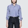 Spring Autumn Blue Striped Blouse Megan Princess Style Celebrity Single-breasted Designer Female Shirt OL Blouses 210421