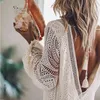 Sexy rückenfreies weißes Spitzenpartykleid Frauen Laternenärmel tiefer V-Ausschnitt aushöhlen kurzes Kleid Herbst Winterkleid 210415