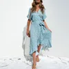 Blue Floral Print Summer Wrap Dress Robe Vrouwen Rufflled Boho Maxi Lange Jurk Vintage Strand Jurk Korte Mouw Sundress 210415