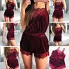 Frauen Sexy Samt Dessous Nachtwäsche Spaghetti Strap Cami Top Breite Bein Shorts Wimpern Floral Spitze Splice Einfarbig Pyjamas Set q0706