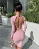 High Neck Long Midi Dress Wrap One-Step Dresses Slim Halter Elegant Party Outfits Sexy Club Clothes Vestido Dress Robe 210520