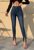 Jeans skinny a vita alta Stretch Abiti in denim blu scuro Pantaloni a matita femminili Plus Split per pantaloni estivi donna 210915