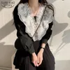 Korean Chic Blouse Spring Vintage V-neck Double-layered Lace Shirt Women Stitched Loose Long-sleeved Top 13721 210508