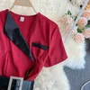 Kırmızı / Siyah / Yeşil Düzensiz Elbise Kadın Ofis Bayanlar Kısa Kollu A-Line MIDI Vestidos Kadın Vintage Robe 2021 OL Yeni Moda Y0603
