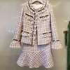 Vintage Plaid Weave Tweed Jacke Frauen Flare Langarm Perlen Patchwork Rüschen Wollmantel Elegante Outwear 210603