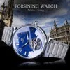 LMJLI - Forsining Blue Ocean Dial Retro Fashion Half Skeleton Design Mens Scheletro trasparente Top Brand Lusso orologi da polso automatico di lusso
