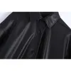 Ladies lapel puffy långärmad svart konstgjord läder pu kappa 210521