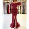 2020 Glitter Burgund Pailletten Meerjungfrau Prom Kleider Sexy Afrikanische Promi Cocktail Party Kleid Türkische Islamische Front Split Abendkleider