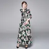 Autunno Runway Lily Floral Maxi Manica da donna Risvolto Fiore Stampa Vacanza Lungo Abito da festa vintage femminile 210416