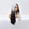 Europeiska och amerikanska peruker kvinnors svarta vita krullade hårkemiska fiber peruk två toner syntetiska långa naturvåg värmebeständig spets mittdel ombre hög densitet