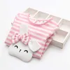 Kids Tops Fashion Spring Autumn Long Sleeve O-Neck Cute Rabbit Bow Striped Patchwork Baby Tees Little Child Girls T Shirts 210529