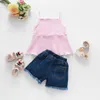 Комплекты одежды в продаже малыша Camisole + джинсовая короткая мода твердый жилет младенческие девочки наряды летние варенье милый