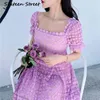 Ligth Purple Lace Bellflower Dress Woman Summer Short Puff Sleeve Square Neck Slim Vacation Holiday Female Party 210603