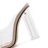 Chinelos 2021 verão mulheres 11.5cm saltos altos Mulas pontiagudas transparente PVC Clear Block Hees Slides Feminino Fetish Slingback Sapatos