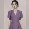 Women's Summer Office Lady Slim Elegant Vintage Dress Sexy V Neck Women Puff Sleeve Purple Vestidos 210520