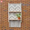 2 Layer Bohemian Handmade Wooden Wall Tassel Floating Shelf Macrame Hanging Planter Basket Plant Hanger Pot Home Decor