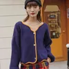 Maglione coreano primavera donna vintage blu navy collo corto cardigan lavorato a maglia manica lunga allentata elegante casual top 210417