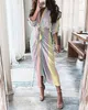 Kobiety Summer Elegancka Elegancka guzika Koszula Bandage Sukienka plus moda moda swobodny krótki rękaw Solid V Neck Beach Sukienki Maxi