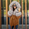 Kış Deri Ceket Dikiş Taklit Kürk Yaka Manşet Ceket Kadın İnce Zarif Sıcak Kalın Palto Kemer Kadın 211105