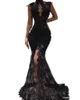 2022 Sexiga Svart Ärmlös Mermaid Prom Klänningar Split High Neck Aftonklänningar Se genom Full Lace Celebrity Party Dress