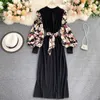 Primavera otoño vestido midi mujeres vintage floral impreso puff manga larga patchwork suéter vestidos damas elegantes vestidos de punto 210525