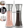 2Pcs/Set Manual Salt Grinder Set With Metal Stand Stainless Steel Pepper Mill Shaker Black Cooking Tools 210712