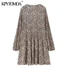 Vrouwen chique mode luipaard print geplooide mini jurk vintage o hals lange mouw vrouwelijke jurken vestidos mujer 210416