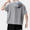 Erkek Pamuk Keten Kısa Kollu Kapşonlu T-Shirt Menswear Tops Çin Tarzı Streetwear Vintage T Shirt Erkek Boy Tişört M-5XL T-Shirt